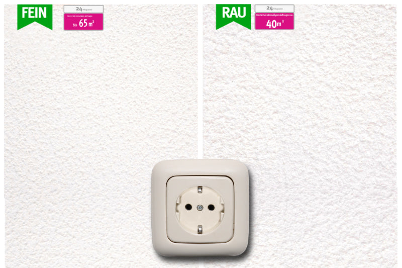 Vergleich wie ergiebig Rollputz fein vs rau mit Steckdose Innenwand